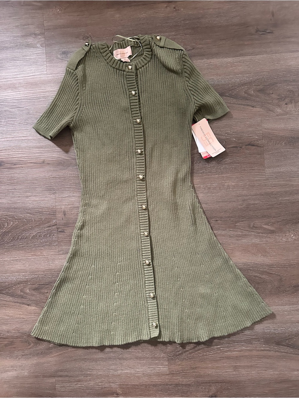 Olive Knit Button-Front Short Sleeve Dress XS
